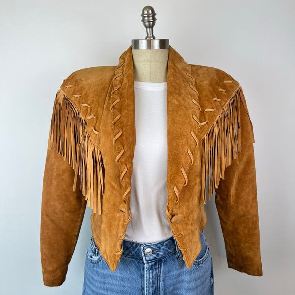 Contempo Casuals Vintage 80s Genuine Suede Western Fringe Crop Jacket (Sz S) - Picture 15 of 16